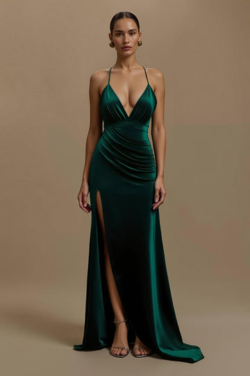 Robe de vacances en velours à col en V gainée vert foncé